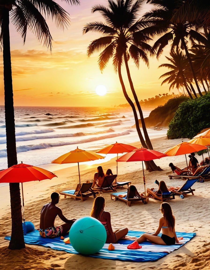 A stylish beach scene featuring a diverse group of fashionable individuals wearing a variety of trendy bikinis, lounging under colorful umbrellas, with surfboards and beach balls scattered around. The sun is setting, casting warm golden hues over the sandy shore, while palm trees sway gently in the breeze. Include playful sea waves in the background, suggesting a lively beach atmosphere. vibrant colors. super-realistic. beach vibes.